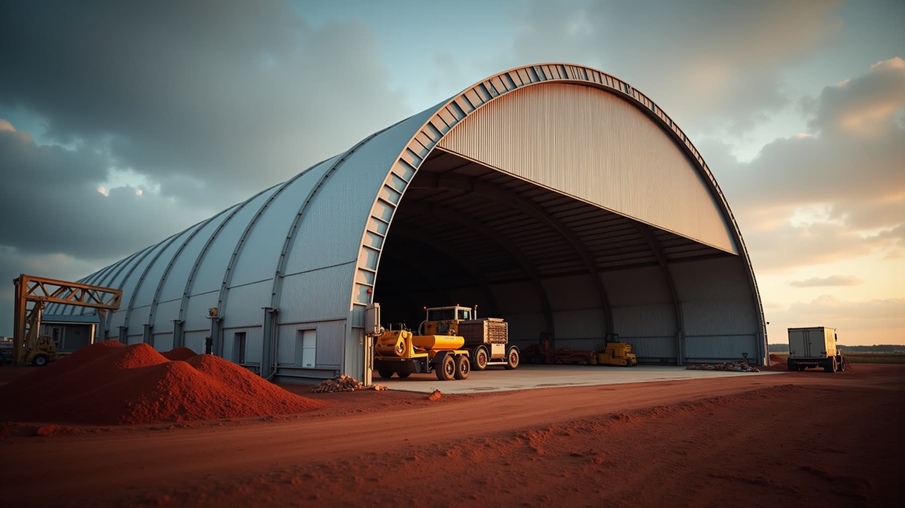 Large completed Quonset-style building used for covered storage.