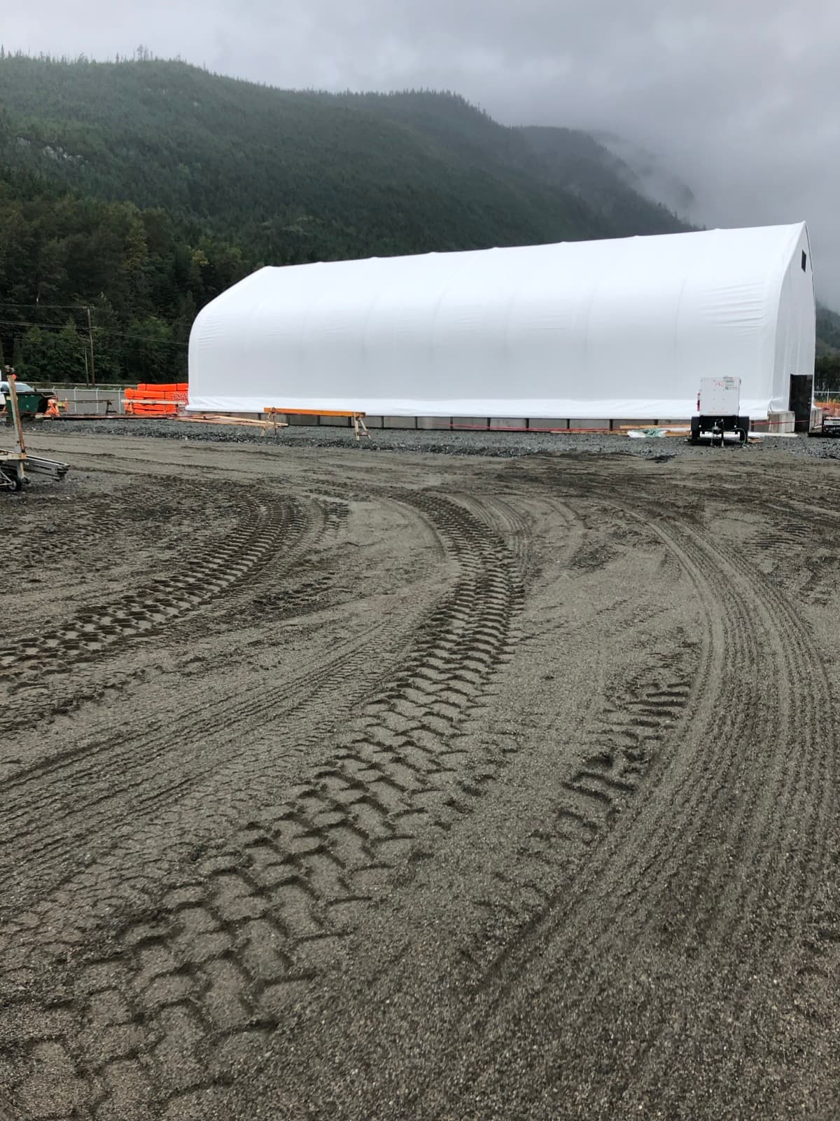 Completed fabric-covered building on a British Columbia work site.