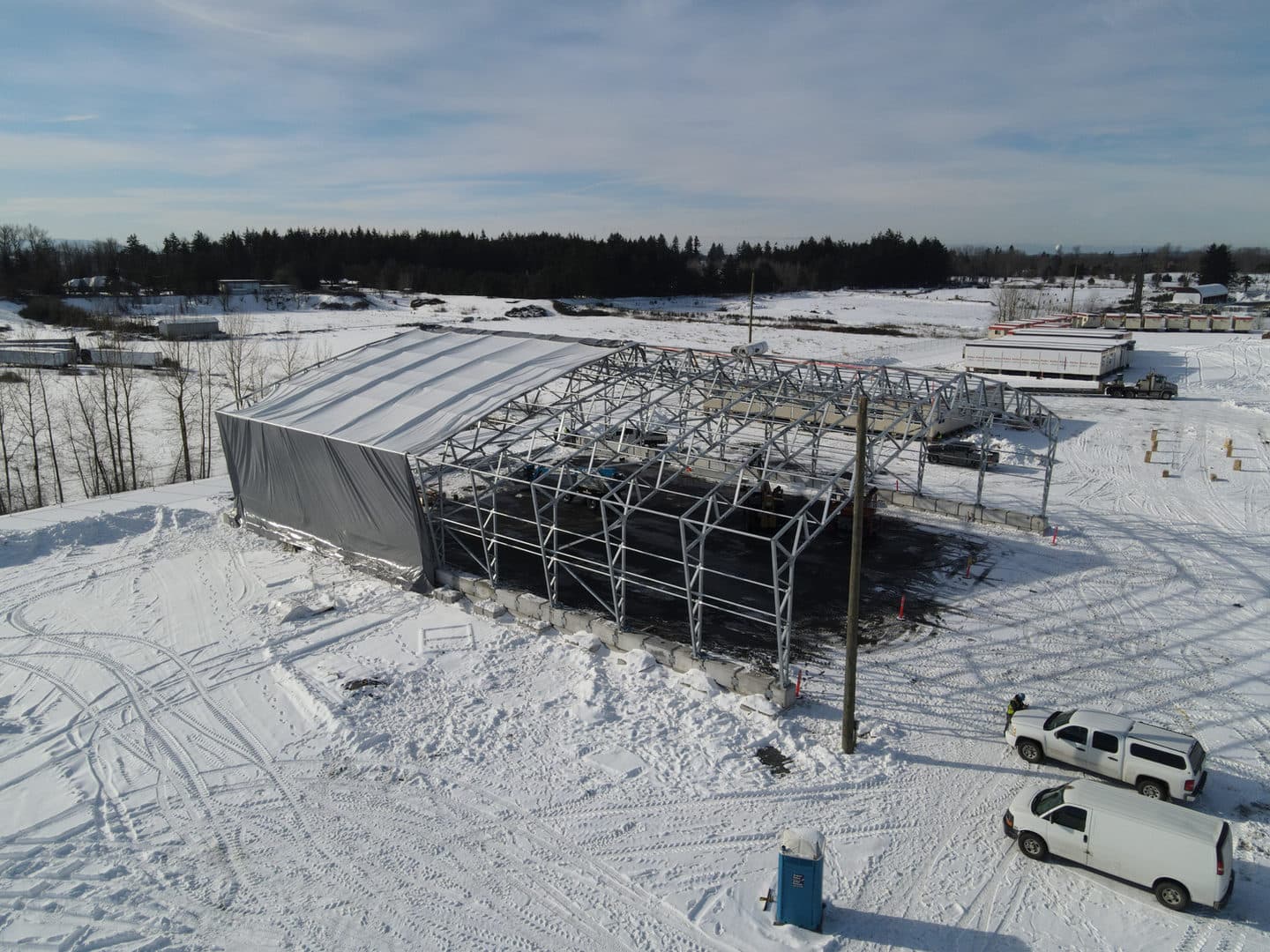 Metal structure frame being assembled on a project site.